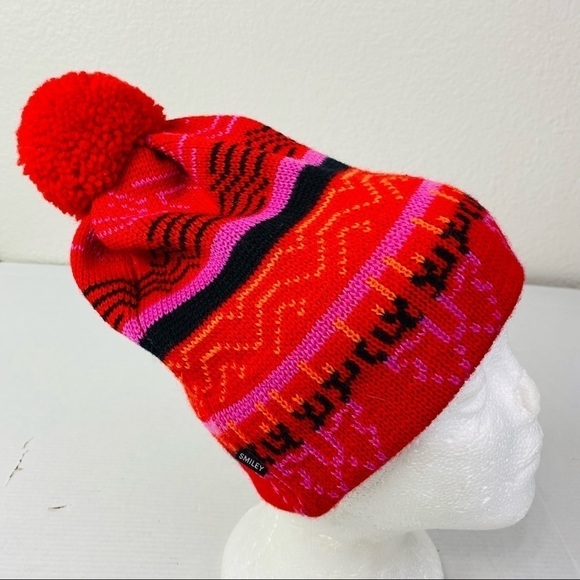 Smiley 100% Wool Knit Beanie W/ Pom OS - Picture 2 of 7